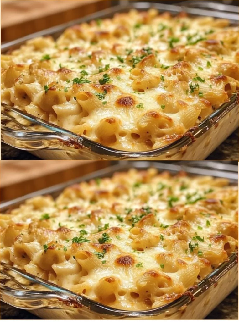 Creamy Crack Chicken Pasta Bake topped with cheese and fresh herbs