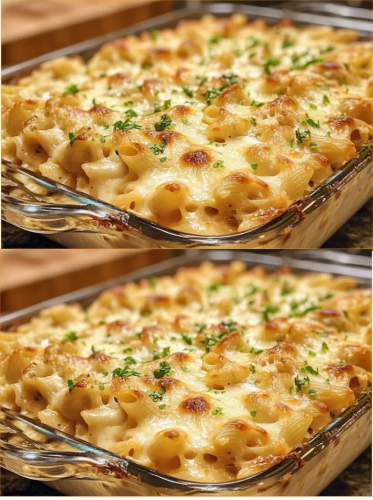 Creamy Crack Chicken Pasta Bake topped with cheese and fresh herbs