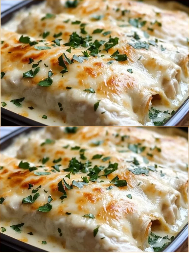 Creamy white chicken enchiladas topped with cheese and cilantro