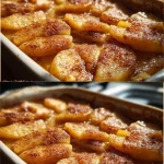 Baked apple slices arranged on a plate, topped with cinnamon and sugar.
