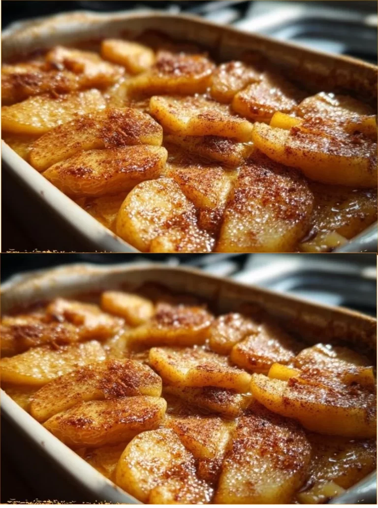 Baked apple slices arranged on a plate, topped with cinnamon and sugar.