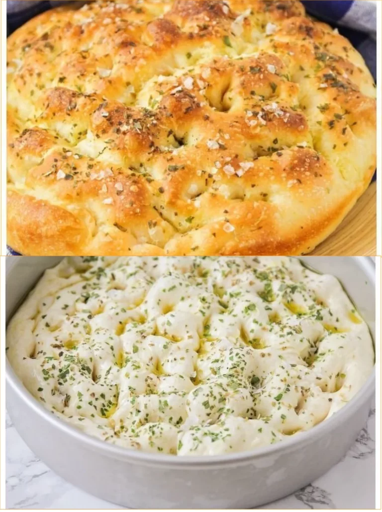 Fluffy herb focaccia bread fresh out of the oven, garnished with herbs.