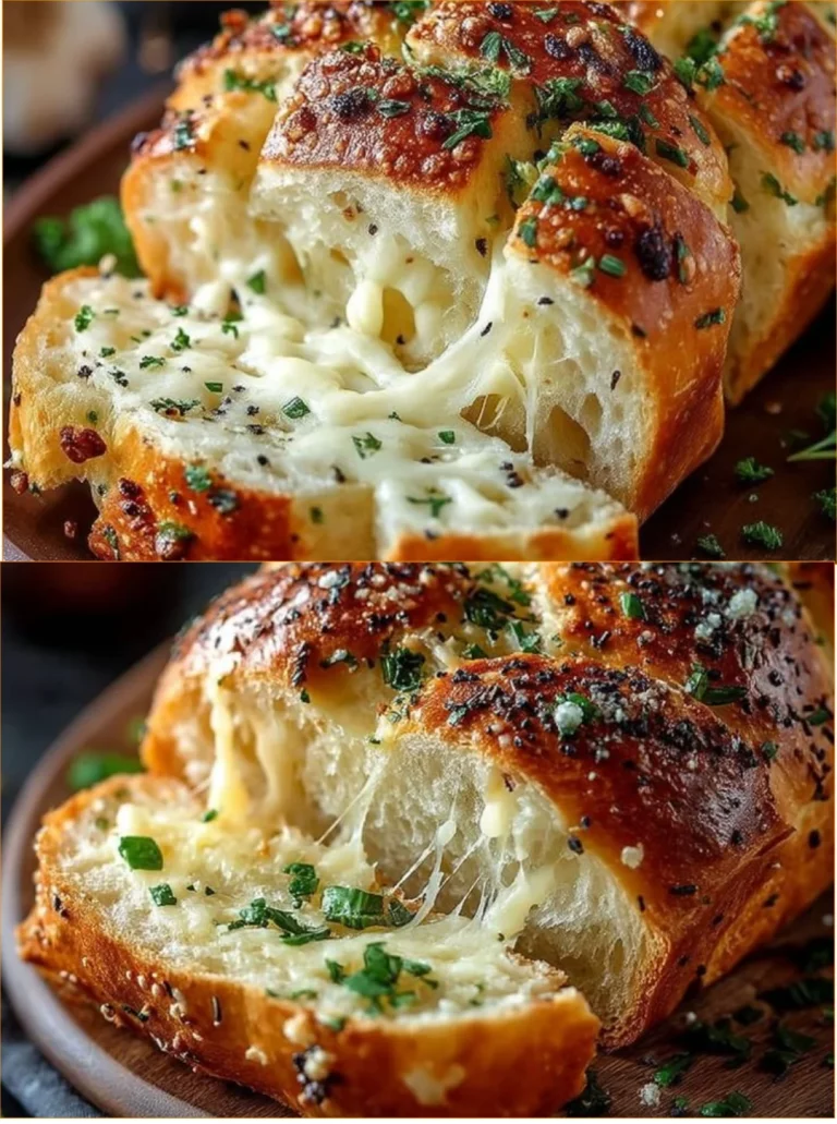 Loaf of Italian herb cheese bread with herbs and melted cheese