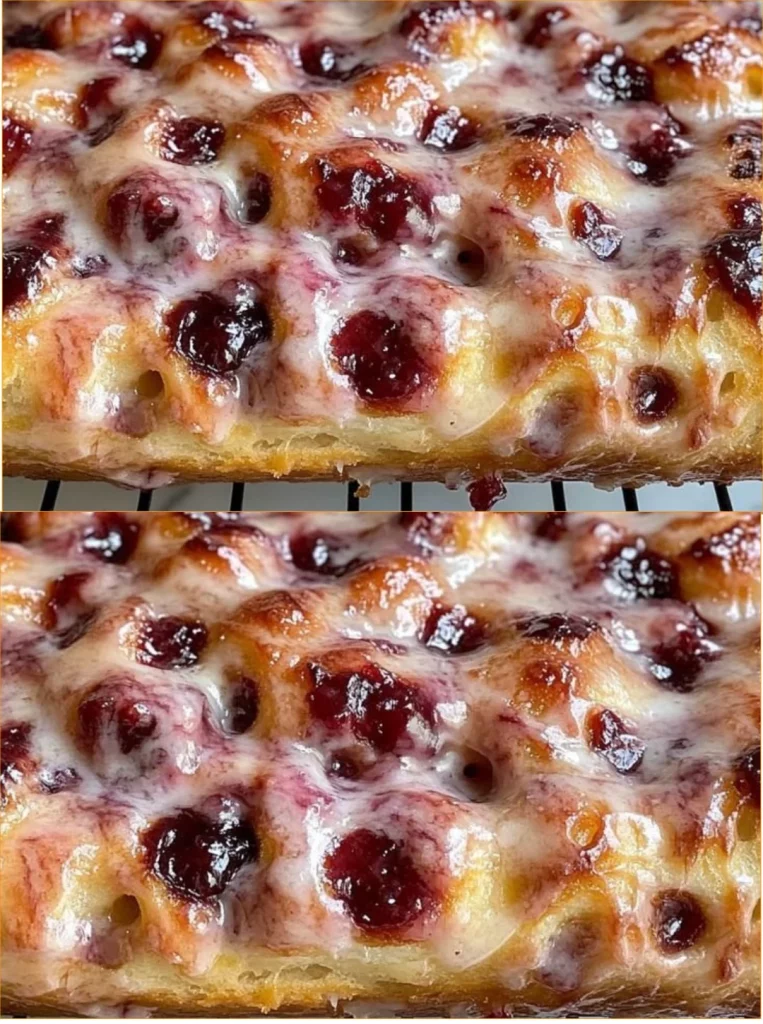 Freshly baked jam donut focaccia with fruity jam filling and golden crust.