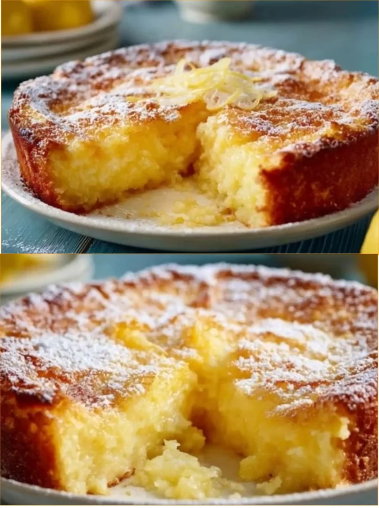 Delicious one-bowl lemon dessert topped with fresh lemon slices.