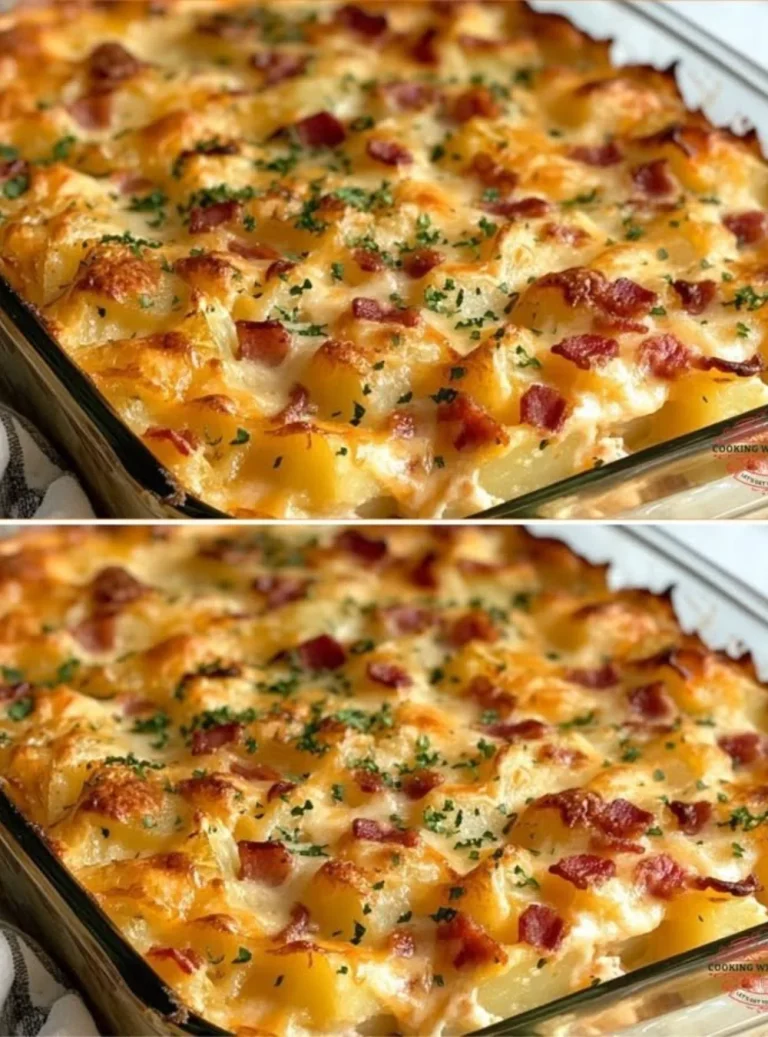 Delicious baked potato casserole topped with cheese and bacon
