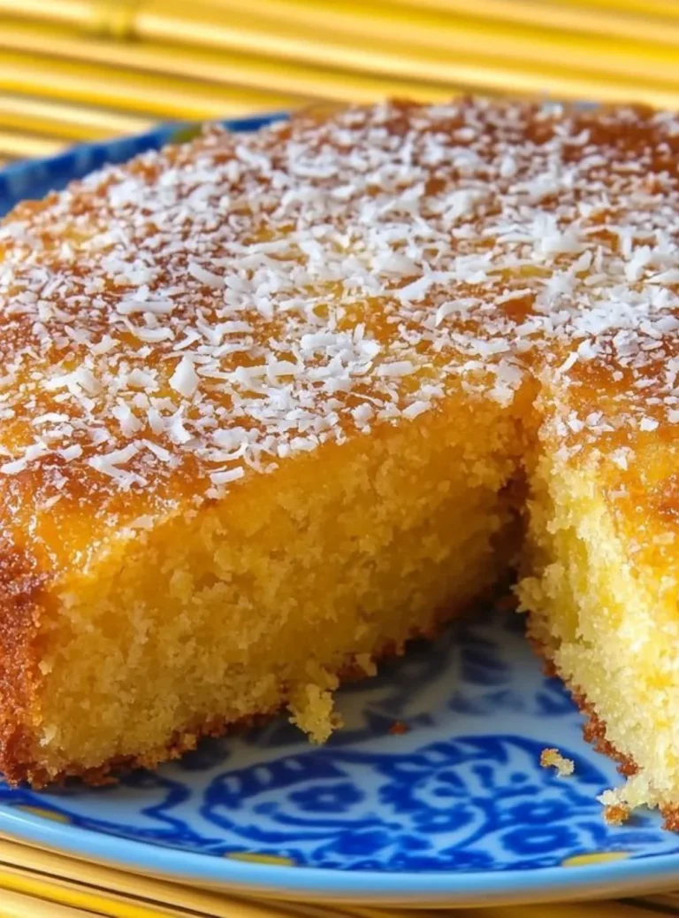 Freshly baked orange cake garnished with orange slices on a white plate