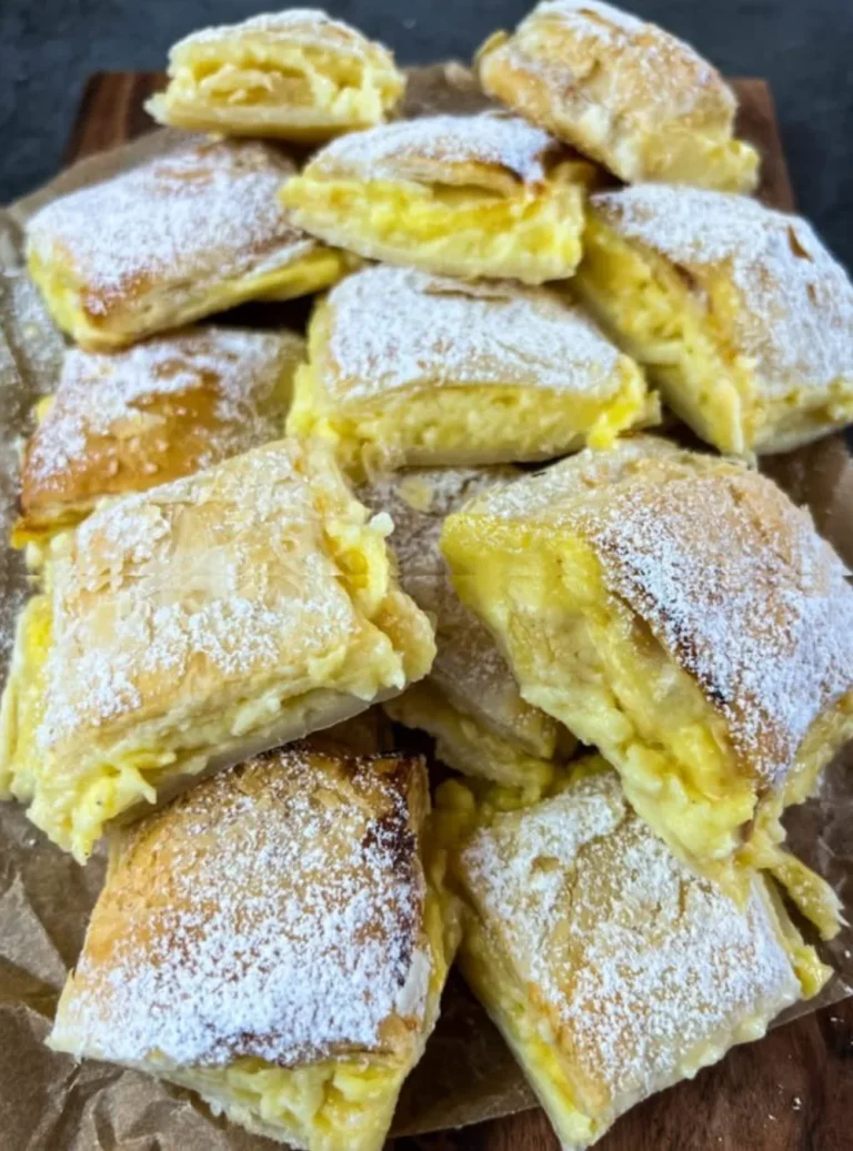 Puff pastry cake with custard cream and apple slices garnished on top