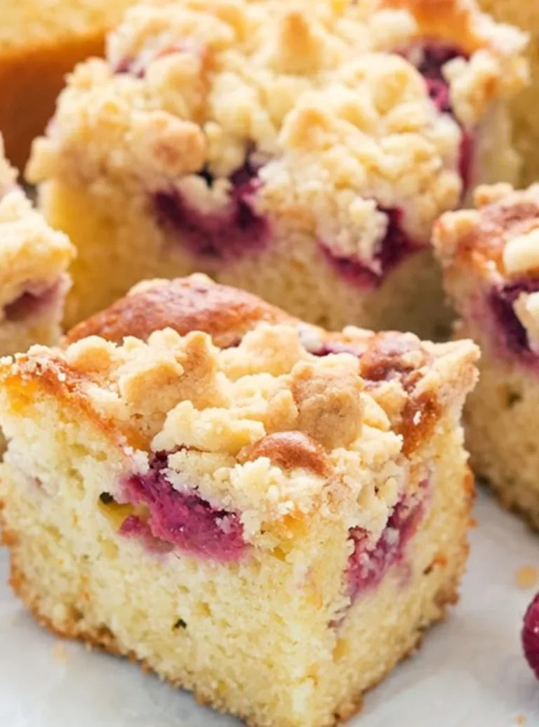 Delicious Raspberry Crumble Cake with a buttery crumble topping