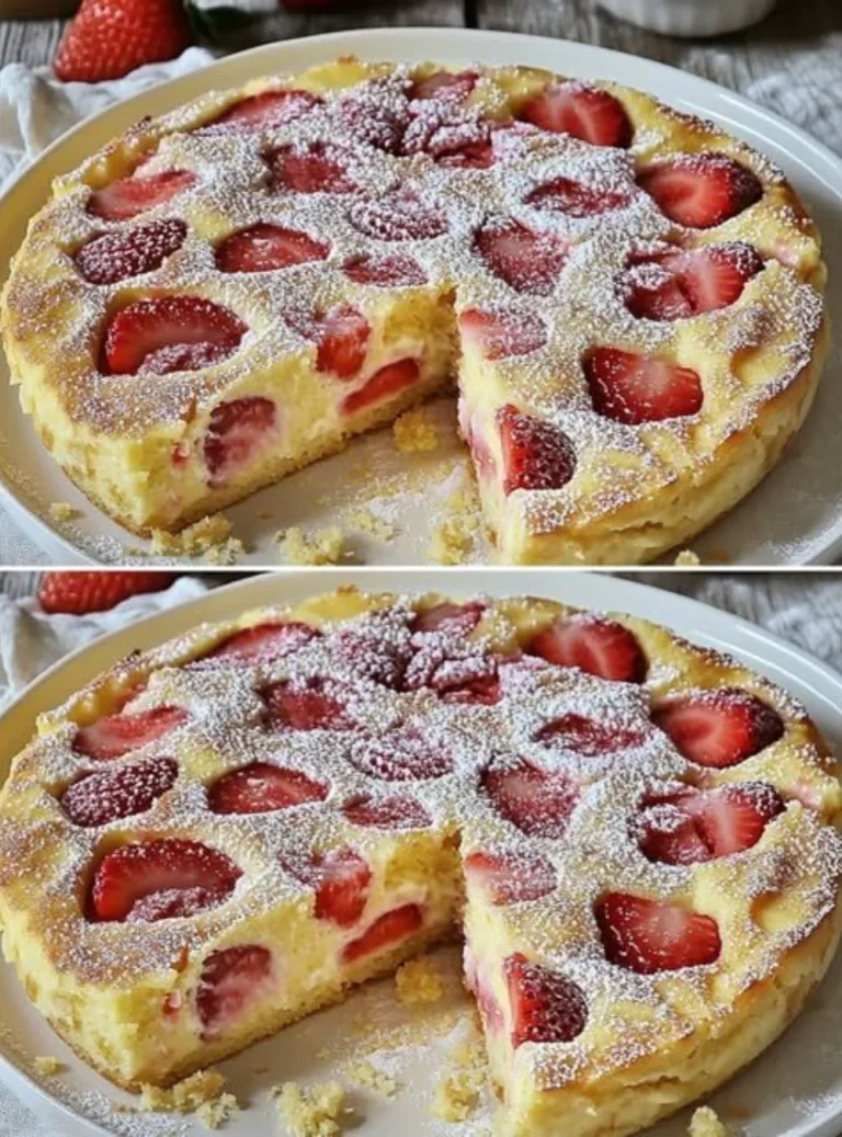 Flourless strawberry cake with ricotta, fresh strawberries, and garnished with mint
